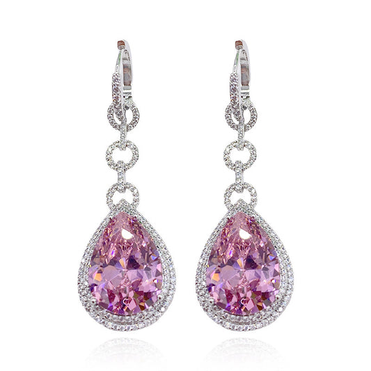 [#32] Pink Zircon Earring, White Gold Plated S925 Sterling Silver Earring