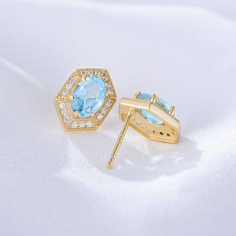 [#34] Topaz Ear Studs, Gold Plated S925 Sterling Silver Ear Studs