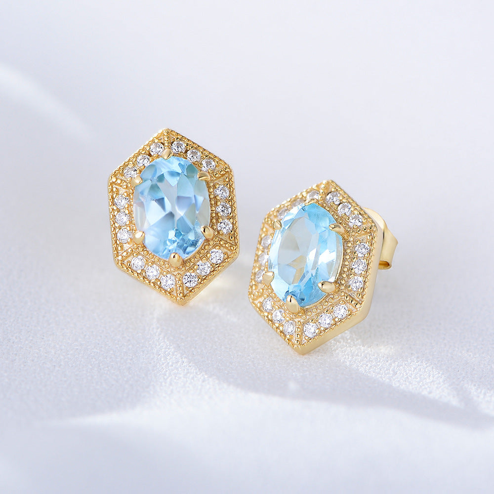 [#34] Topaz Ear Studs, Gold Plated S925 Sterling Silver Ear Studs